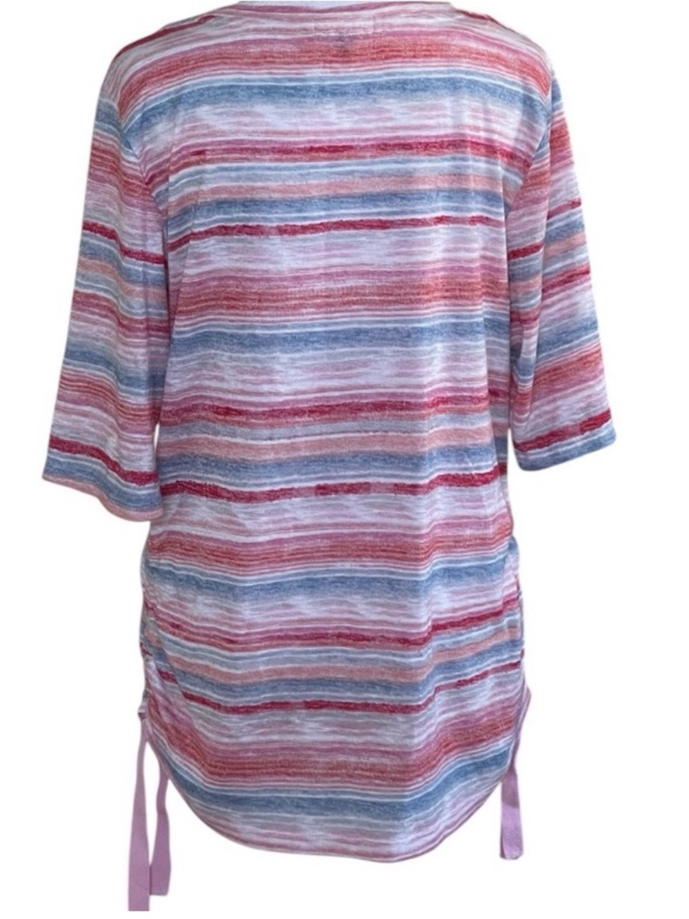 Democracy Pink Blue White Stripes Knit Top Short Sleeves Drawstring Sides, L - Picture 8 of 12